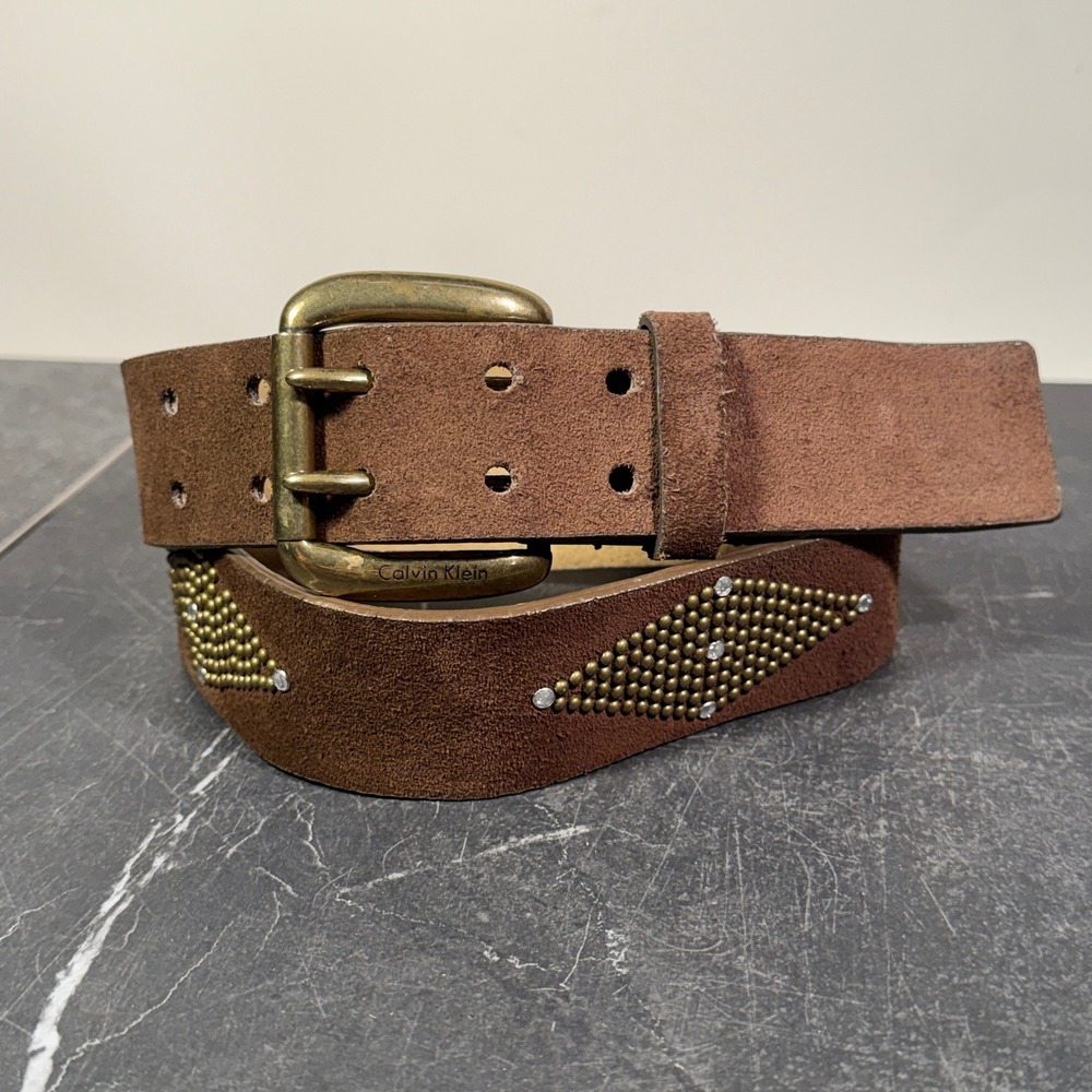 Vintage Calvin Klein Jeans Suede Belt | Medium 32W Size 14 | Brown Rhinestone